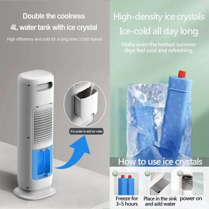 Мобільний кондиціонер з водяним охолодженням, 180° поворот, 3 швидкості, пульт, 4L бак, без шланга для витяжки - для офісу та спальні