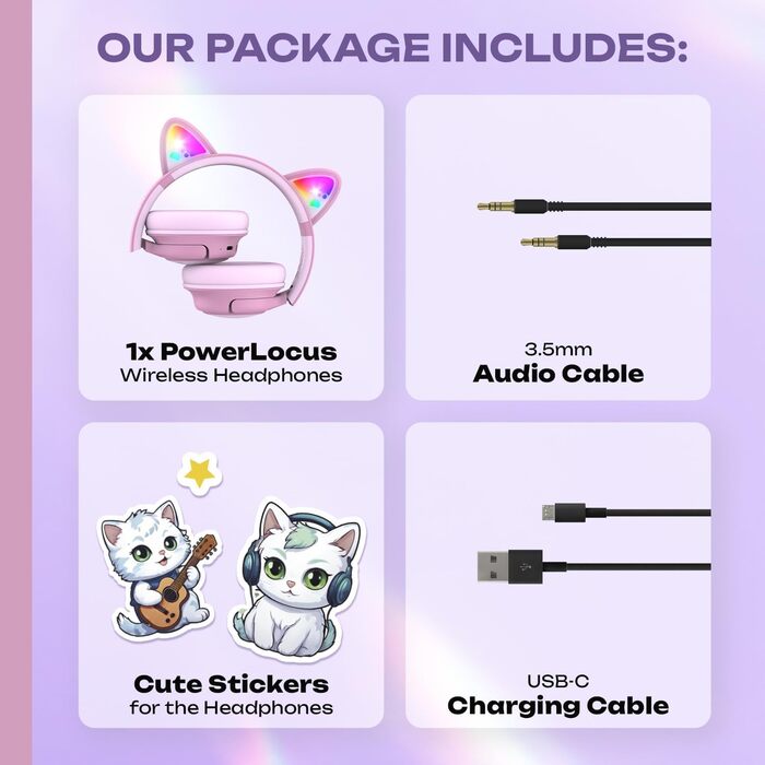 Дитячі навушники PowerLocus Bobo Bluetooth з LED-підсвічуванням, обмеженням гучності та мікрофоном (рожеві)