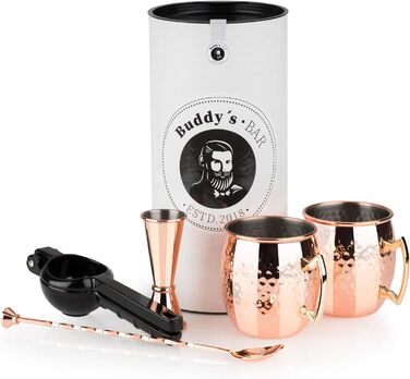 Buddy's Bar - Moscow Mule Complete Set, 2 x 500 ml Cocktail Glasses, 27 cm Bar Spoon, 5 cl Jigger & Black Lime Squeezer, Food-Safe, Cocktail Glass Set including Gift Box, Hammered Copper
