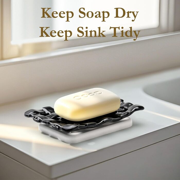 Підставка для мила Shinowa з подвійним шаром та знімним контейнером для води. Мильниця самостійно спорожняється, підходить для ванної кімнати, кухні, душу, ванни, раковини, робочої поверхні. Матеріал: мармур, білий (текстурований).