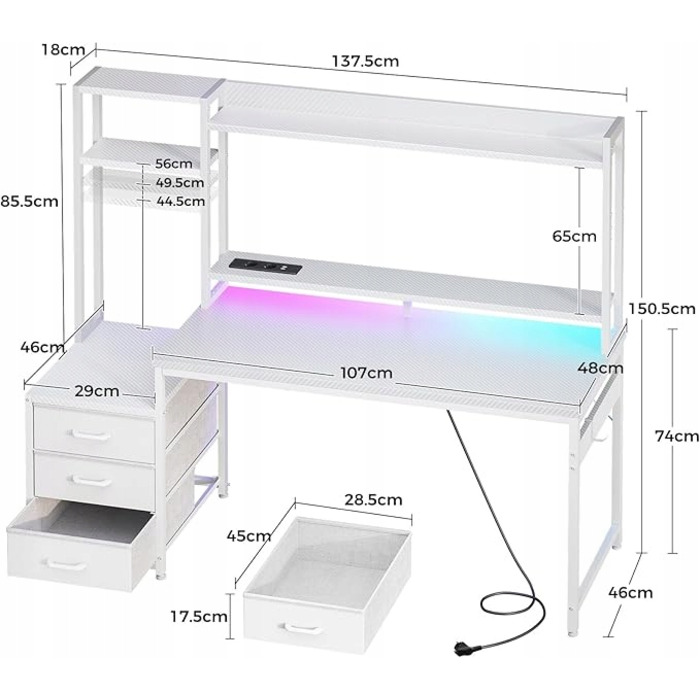 Ігровий стіл з шухлядами, полицею, розетками та LED-підсвіткою, 137x48 см