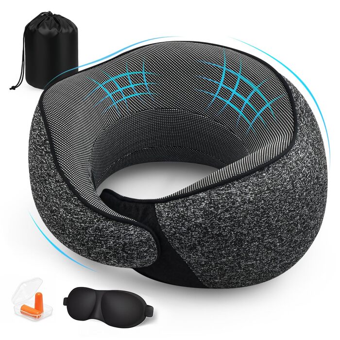 Подушка для шиї у літак, подушка для подорожей, з навушниками та маскою для очей, сіра