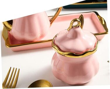 Ceramic Milk Pitcher and Sugar Bowl Set, Sugar Container, Milk Canister with Tray, Spice Jar with Lid and Spoon, Creamer, Coffee Service Set for Home, Cafe, Bar (Pink)