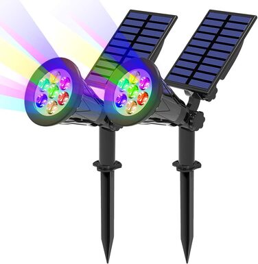 T-SUN LED Solar Spotlights, 2 Pack 4 LED Solar Garden Lights, Bright Garden Light, 2 Lighting Modes, Safety Lighting, Large Outdoor Light for Lawn, Paths, Terrace (Cool White 6000K) (7led-rgb, 2 Pack)