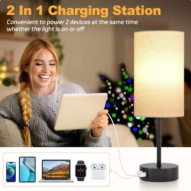 Нічна лампа STANBOW з торшером USB A+C, регульована яскравість, абажур з льону, для спальні, вітальні, дитячої кімнати, гуртожитку, офісу, бежевий відтінок, чорна база