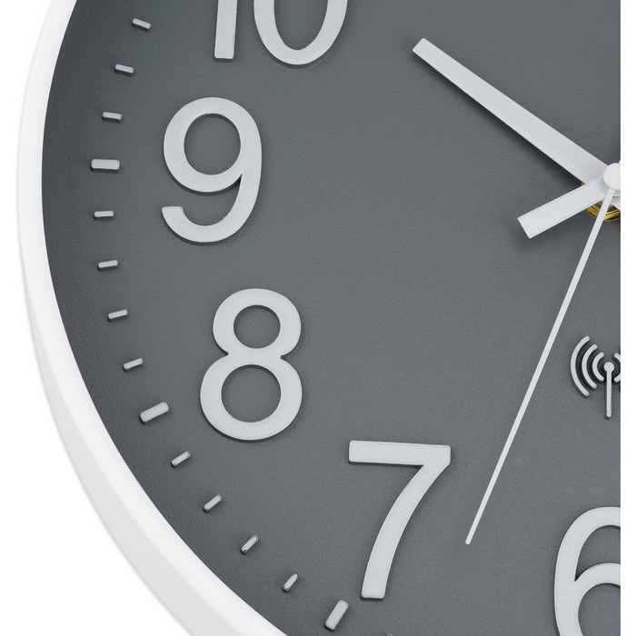 Foxtop Wall Clock Radio-Controlled Wall Clock 30 cm Silent & No Noise Large Dial Analog No Ticking For Kitchen, Living Room, Bathroom DCF Radio Signal Modern Design White-Gray