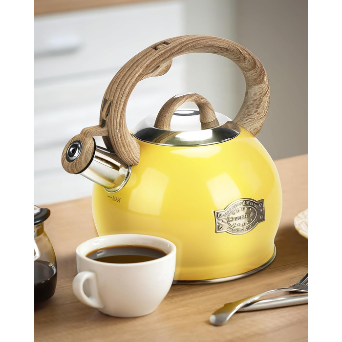 Чайник Teekessel 2.1 л з плитою, чайник з нержавіючої сталі з дерев'ястим малюнком, складаний ручка, підходить для всіх типів плит (Слонова кістка) (Жовтий)