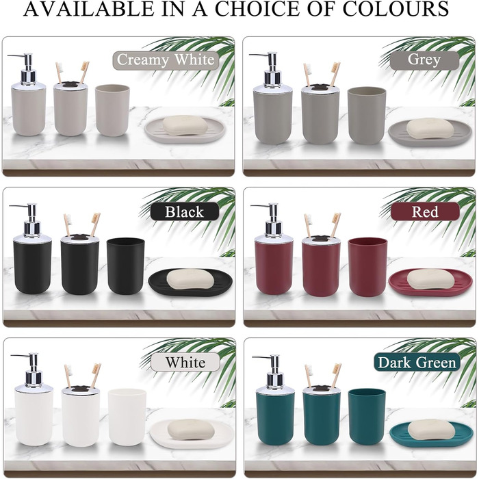 Набір аксесуарів для ванної кімнати (4 шт) з пластику: тримач для зубних щіток, стаканчик, дозатор мила, мильниця. Білий колір