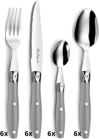 Набір ножів для стейка Laguiole 24 шт. | Набір столових приборів на 6 осіб | Столові ножі з хвилястим лезом (Темно-сірий)