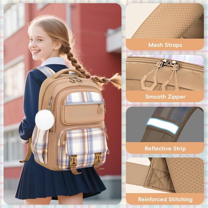 Шкільний рюкзак Tanou для дівчаток, ергономічний, великий, модний в клітинку, для підлітків, для подорожей (коричневий)