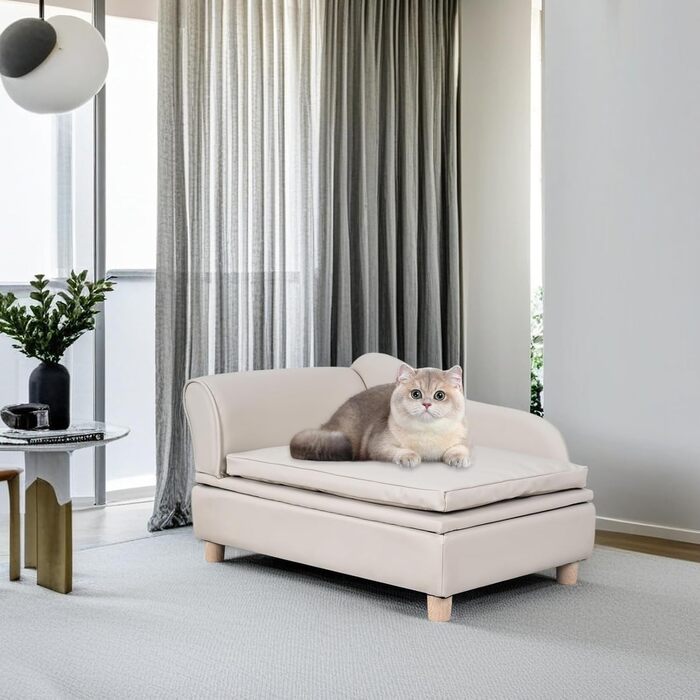 Софа для собак та котів Yoonnie room з PU-шкіри з місцем для зберігання, дерев'яний каркас, подушки, ліжко для маленьких тварин, софа для цуценят та котів (Перловий білий)