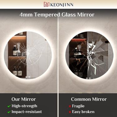 Дзеркало для ванної кімнати Keonjinn кругле, 60см з підсвічуванням, антизапар, сенсорне управління, пам'ять, 3 кольори світла, регулювання яскравості, LED, без рамки