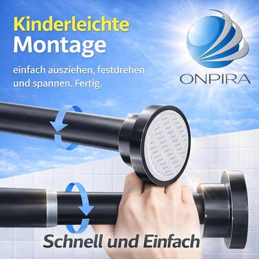 Дзеркальна штанга для душу Onpira® без свердління – нержавіюча штанга для штори для душу та гардини | 5 розмірів 40–230 см | 3 кольори: чорний, білий, нержавіюча сталь | Міцне кріплення до 12 кг, штанга 230 см