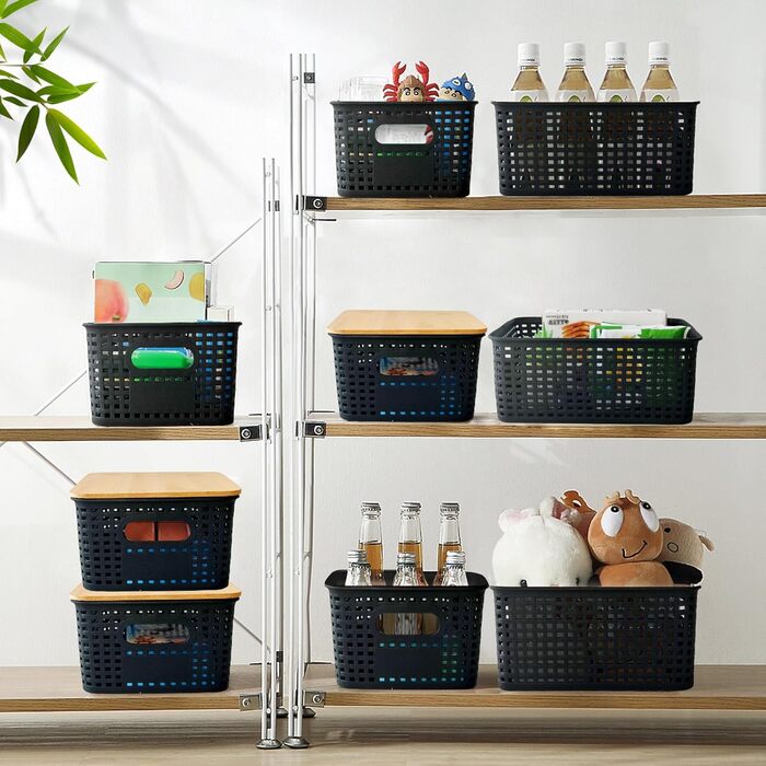 Storage Box with Bamboo Lid Small 3 Pack 5L Storage Box Bathroom Box with Lid Black Bathroom Organizer 25x18x10cm Plastic Box Kitchen Storage Boxes Baskets Containers Stackable Boxes