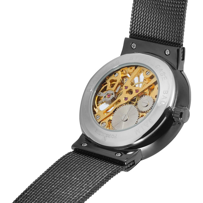 Чоловічий механічний годинник FORSINING з тонким корпусом та сталевим браслетом, Skeleton, чорний колір