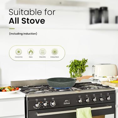 Набір каструль та сковорідок Kitchen Academy 10 предметів з знімними ручками. Підходить для всіх типів плит, включаючи індукційні. Сковороди 20/25 см, каструля 18 см. Колір: зелений