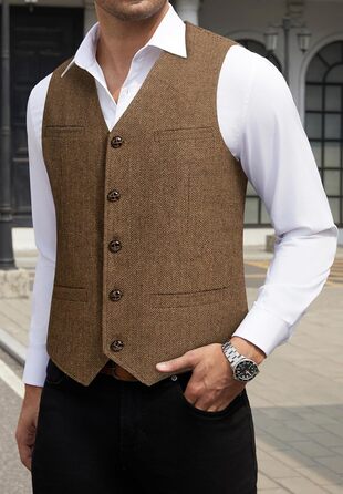 Жилет чоловічий HISDERN Vintage Tweed, скроєний для ділового стилю та вечірніх подій, з кишенями, темно-сірий (L, Коричневий-1)