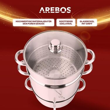Пароварка-соковарка AREBOS 15 л з нержавіючої сталі для всіх типів плит, включаючи індукцію, діаметр 26 см, можна мити в посудомийній машині