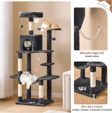 Кігтеточка для котів MSmask велика, багатоповерхова з платформами, печерами та гамаком, обтягнута сизалем (темно-сіра)