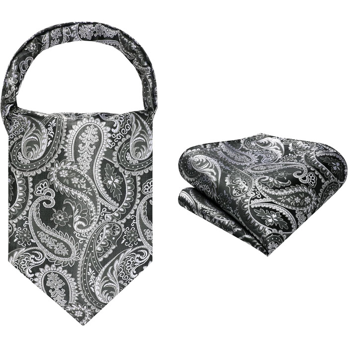 HISDERN Комплект краватка-снуд, краватка-аскот, хустинка для кишені чоловіча Paisley сіра/срібна для весілля та бізнесу