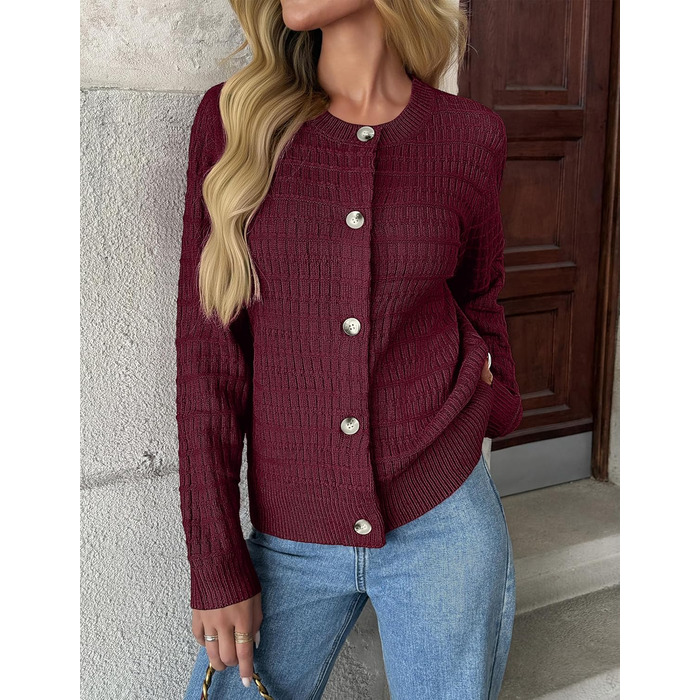 Жіноча в'язана жилетка Zeagoo з довгим рукавом, кардиган, круглий виріз, на ґудзиках, відкритий фасон, елегантний светр, жіночі в'язані жилетки, колір: бордовий