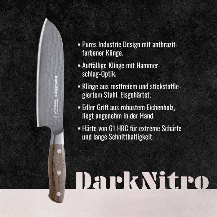 Ніж кухарський F. DICK DarkNitro 21 см, кування, нержавіюча сталь, гостра клинка 61 HRC, ручка з дуба та Hammerschlag, професійний ніж Made in Germany, 81147212 (Santoku Messer)
