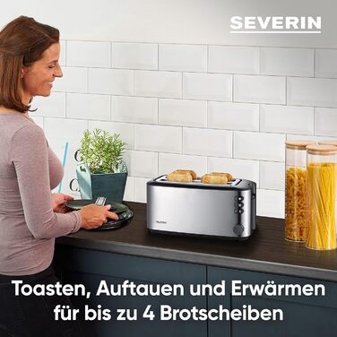 SEVERIN Automatic Long-Slot Toaster, Toaster with Roll Holder, high-quality stainless steel toaster with large toasting chambers and 1400 W power, brushed stainless steel/black, AT 2509