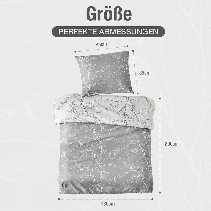 Постільна ковдра Lekesky 135x200 4-х частинна - 2 наволочки 135x200 см + 2 наволочки 80x80 см, квітковий принт, сірий поліестер мікрофібра з блискавкою, гілки сірий/білий