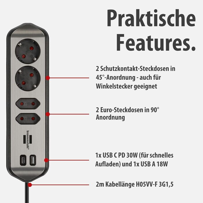 Бренненштуль Estilo Розподільний блок розеток кутовий 4-fach (USB 30W), срібно-чорний