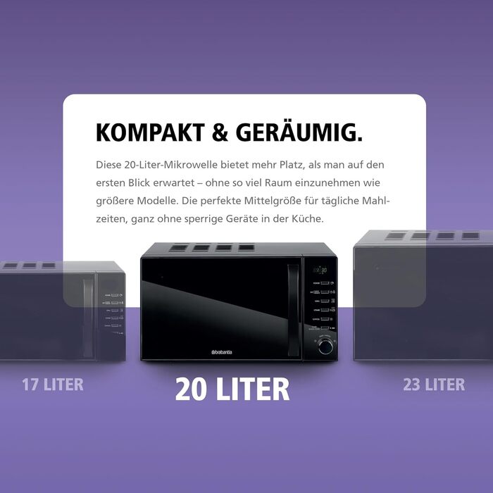 Мікрохвильова піч Brabantia з грилем, 20 літрів, 700W, окремо стояча, 13 автоматичних програм, 6 рівнів потужності, цифровий таймер, великий об'єм, чорна