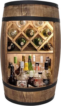 Weeco Freestanding Bar with LED Lighting and Wine Holder. Wine Rack - Wooden Barrel Home Bar 80cm. Rustic Decorative Bar Cabinet Wine Rack – Barrel. Barrel Beer, Wine Bottle Stand - Bar Whiskey Gift (Dark Brown)