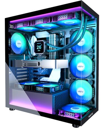 Корпус ПК MUSETEX K2: Mid Tower ATX з 7 PWM ARGB вентиляторами, подвійне панорамне скло, Type-C, чорний (42,5 x 21,2 x 47 см)