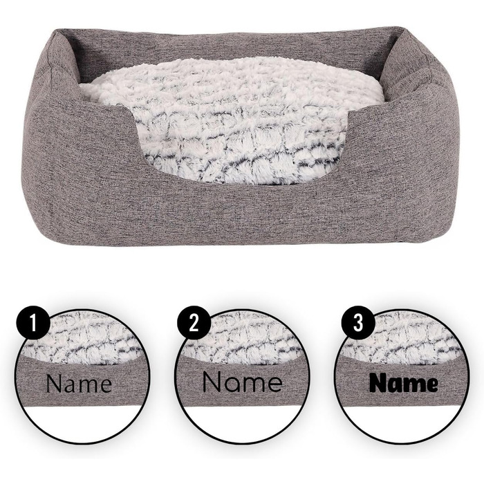 Lionto Dog Cuddle Bed with Fluffy Reversible Cushion, Cozy Pet Bed in a Marbled Design with Deep Entry for Dogs & Cats of All Sizes, 80x60 cm, Soft Dog Bed, (Grey, L 60 x W 50 x H 22 cm (with name imprint))