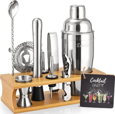 750ml Stainless Steel Cocktail Shaker Set with Bamboo Stand & Recipe Book - 17 Piece Bar Set with Accessories for Bartenders & Gifts