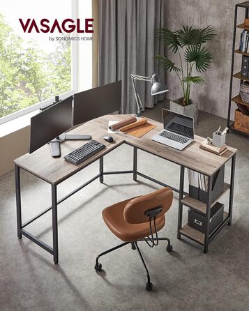VASAGLE Desk, L-Shaped Computer Desk, 138 x 138 x 76 cm, Corner Desk with 2 Shelves, Space-Saving Office Desk, Gaming, Home Office, Easy Assembly, Greige-Black LWD72MB Greige + Black