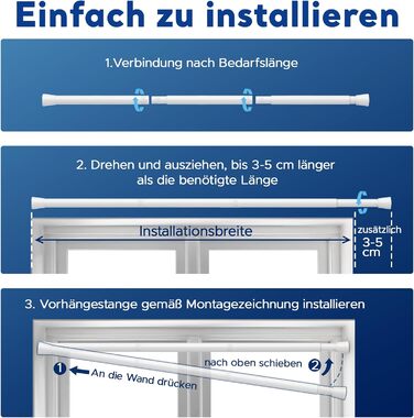 Штанга для карнизів без свердління – діаметр 25 мм, 1 шт. Регульована телескопічна штанга для кріплення, для штор, душової завіси та гардеробу (білий, 71-98 см)