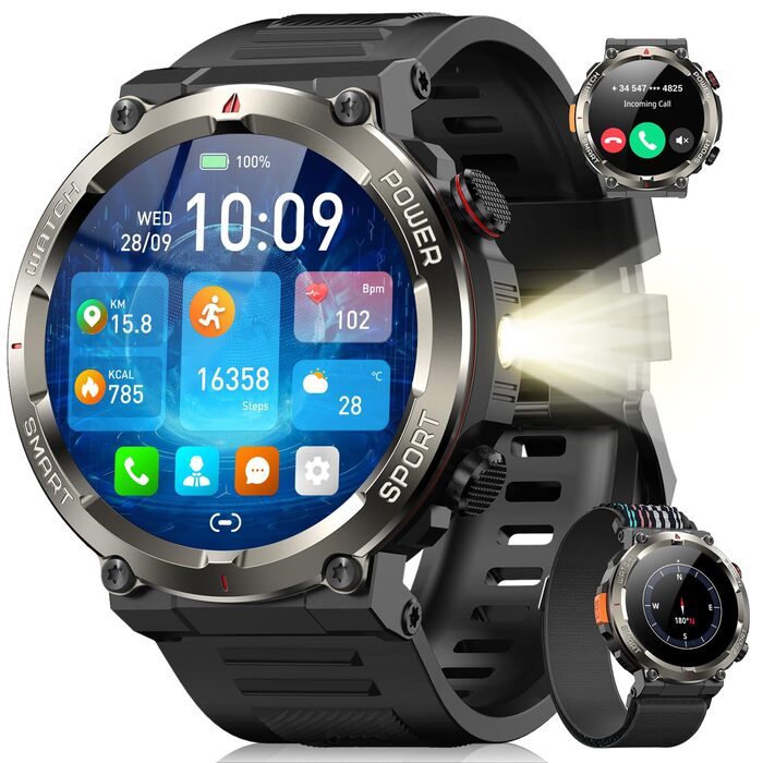 Смарт-годинник Blackview IP68: Компас, 100 днів автономії, Bluetooth-дзвінки, моніторинг серця та сну, 100+ режимів спорту, сумісний з Android/iOS, чорний