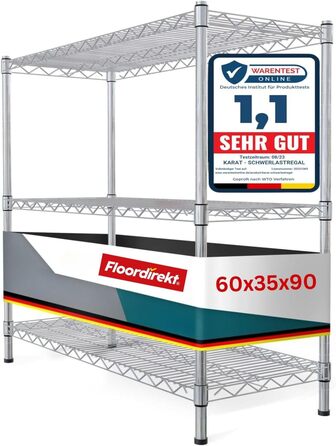 Floordirekt Kitchen Shelf, Grid Shelf, Metal Shelf | Load capacity approx. 70kg per shelf Multifunctional storage shelf, bathroom shelf, storage shelf, cellar shelf Chrome (60x35x90cm | 3 shelves) Everest