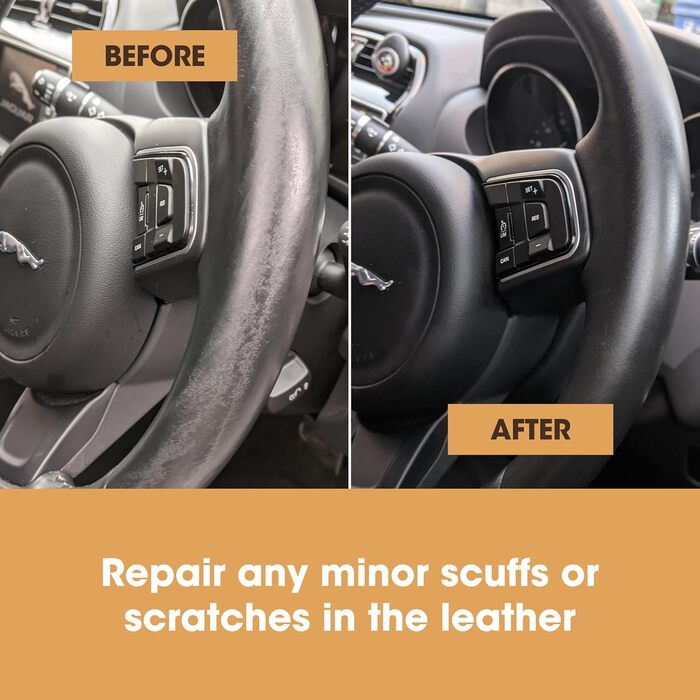 Leather Steering Wheel Repair Kit (black) – removes grease deposits, repairs damage, and restores the color on any worn leather steering wheel.