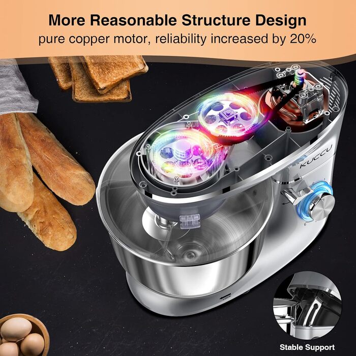 Кухонний комбайн-міксер 1500W з чашею з нержавіючої сталі 7л, планетарний міксер для тіста з 6 швидкостями та набором насадок (гак, вінчик, міксер), сріблястий