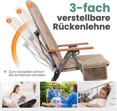 Крісло для кемпінгу Homecall, розкладне, 50 кг, висока спинка, люкс, 3 положення, з м'яким сидінням, для риболовлі, саду, балкону, автодому (Хакі)