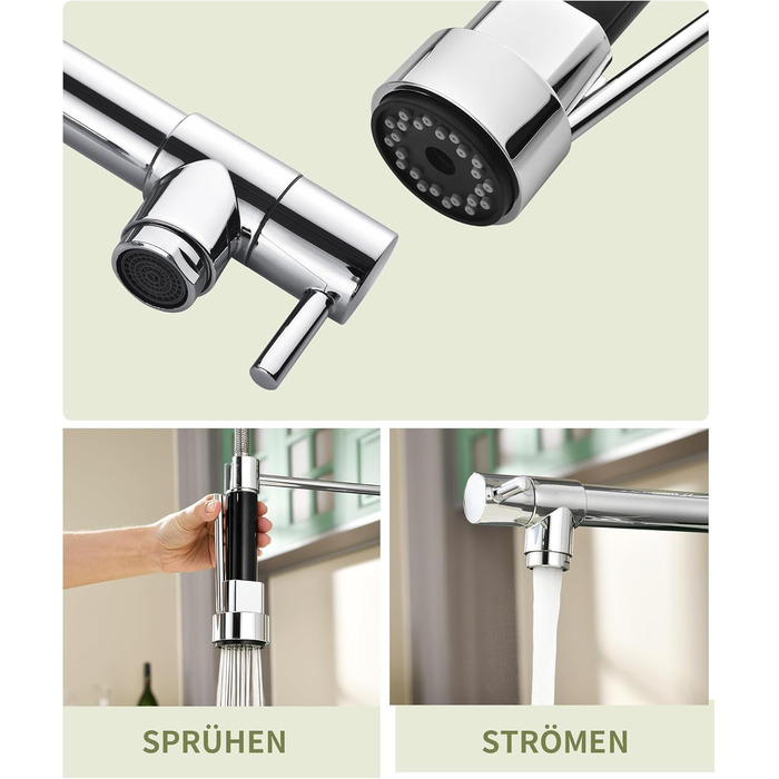 Кухонний змішувач з витяжною лійкою, 360° обертання, 2 режими, нержавіюча сталь, преміум-якість