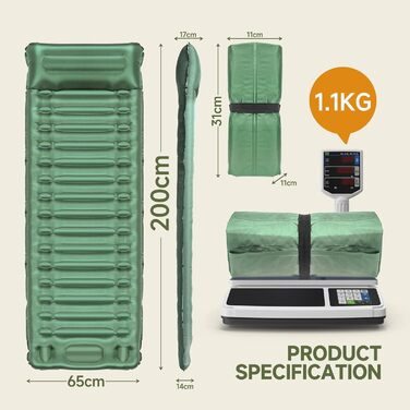 BLUEVER Self-Inflating Camping Mat with Foot Pump, 14cm Thickened Sleeping Pad with Pillow for Hiking, Tent, Outdoor, Beach, Travel - Green