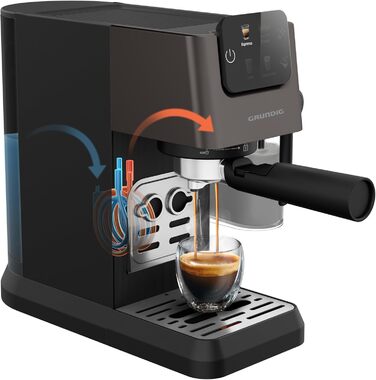 GRUNDIG KSM 5330 Espresso Machine with Integrated Milk Container, 1628 W Power, 15 bar Pump Pressure, Dual Nozzle, Color Touch Display, BrewSense, CreamyPro, Dark Inox/Black. With Milk Container