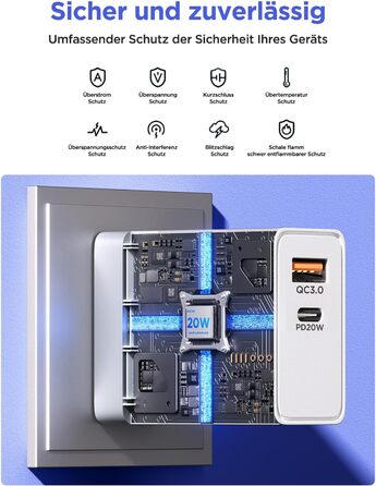 Подвійний зарядний пристрій USB-C 20W PD 3.0 з кабелем 2м, білий (2 шт.)