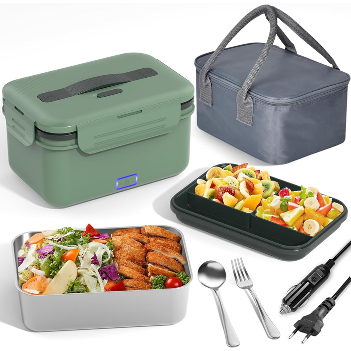Vabaso 100W Electric Lunch Box for Adults, Thermal with Cutlery and Insulated Lunch Bag, 12/24/110V~230V, Leak-Proof, 1.8L Large Container, Food Container with Compartments for Car, Truck, Home