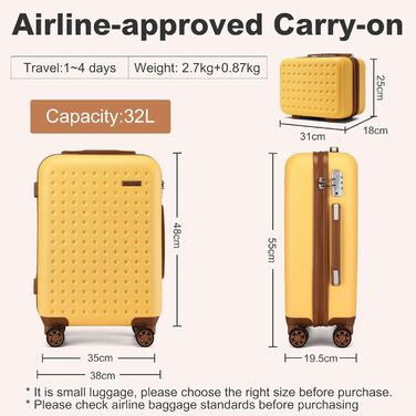 Чохол-валіза KONO з ABS-пластику, 65 x 42.5 x 25.5 см, з TSA-замком, білий, 24'M (жовтий, косметичка+20')