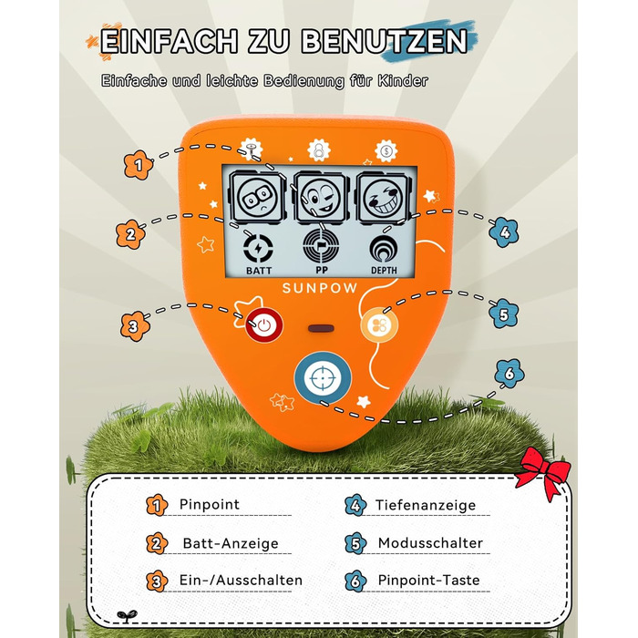 Металодетектор SUNPOW для дітей - LCD-дисплей з мультфільмами, водонепроникна котушка IP68, унісекс дизайн, 3 режими (All Metal/Disc/Pinpoint), регульована ручка 81-102 см для дітей 5-12 років, помаранчевий