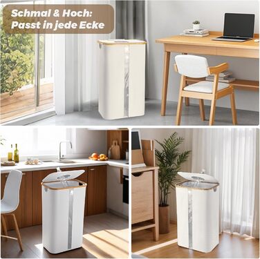 Laundry basket with 2 compartments, deposit bottle collection container with lid, container for deposit bottles & glass recycling & paper waste, deposit bottle container bamboo with bag, must-have (Beige, 100L)