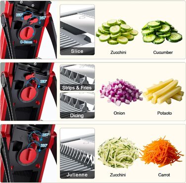 Мандоліна слайсер ONCE FOR ALL Upgrade Safe: великий, регульований подрібнювач овочів та продуктів, для нарізки картоплі фрі, знімні леза (червоний/чорний)
